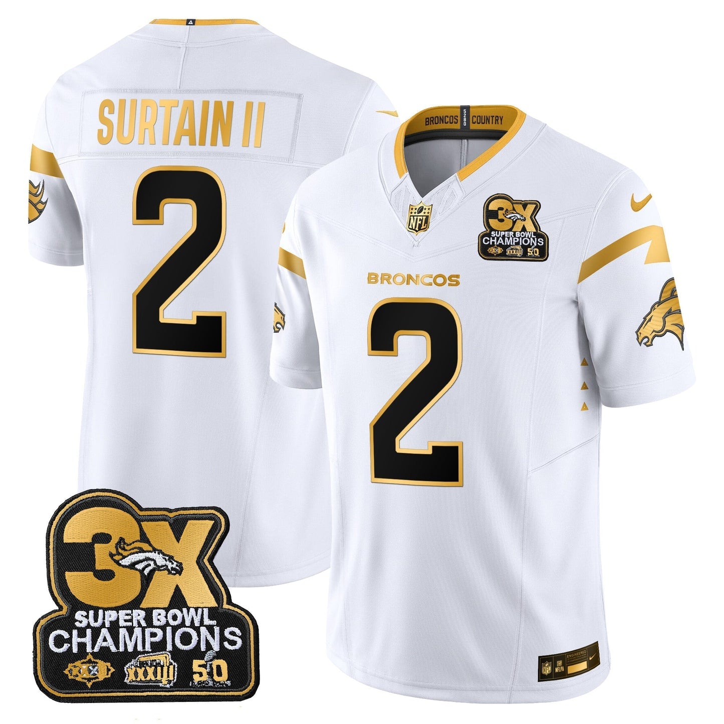 DEN 3-Time Champions Patch Gold Vapor Limited Jersey - All Stitched-DTD