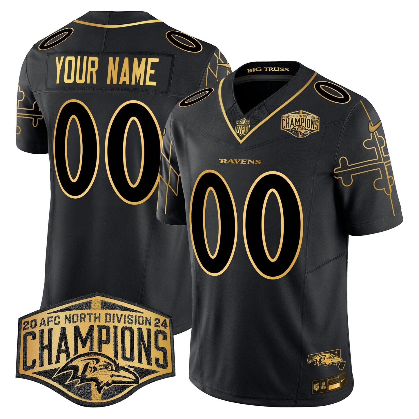 Ravens Maryland Flag Map 2024 AFC North Division Champions Patch Gold Vapor Limited Custom Jersey - All Stitched-DTD