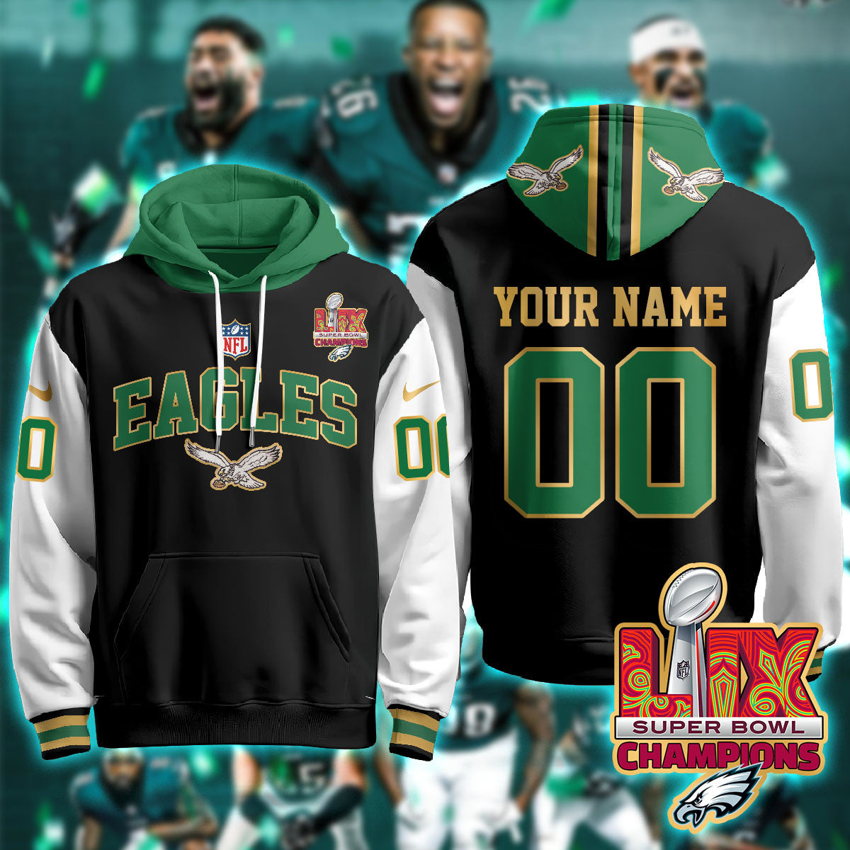 PHI Super Bowl LIX Champions Gold Hoodie N2r-DTD