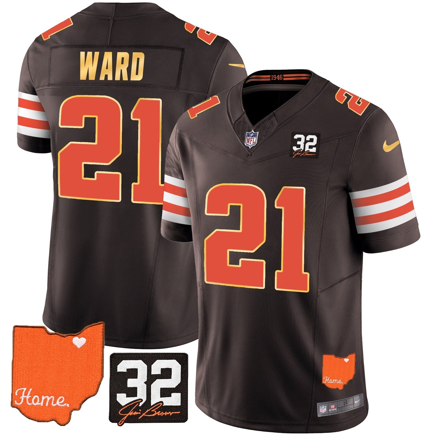 Men's Browns #32 Jim Brown Memorial & Home Patch Gold Trim Jersey - All Stitched