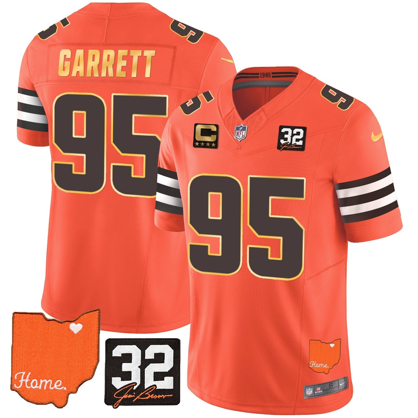 Men's Browns #32 Jim Brown Memorial & Home Patch Gold Trim Jersey - All Stitched