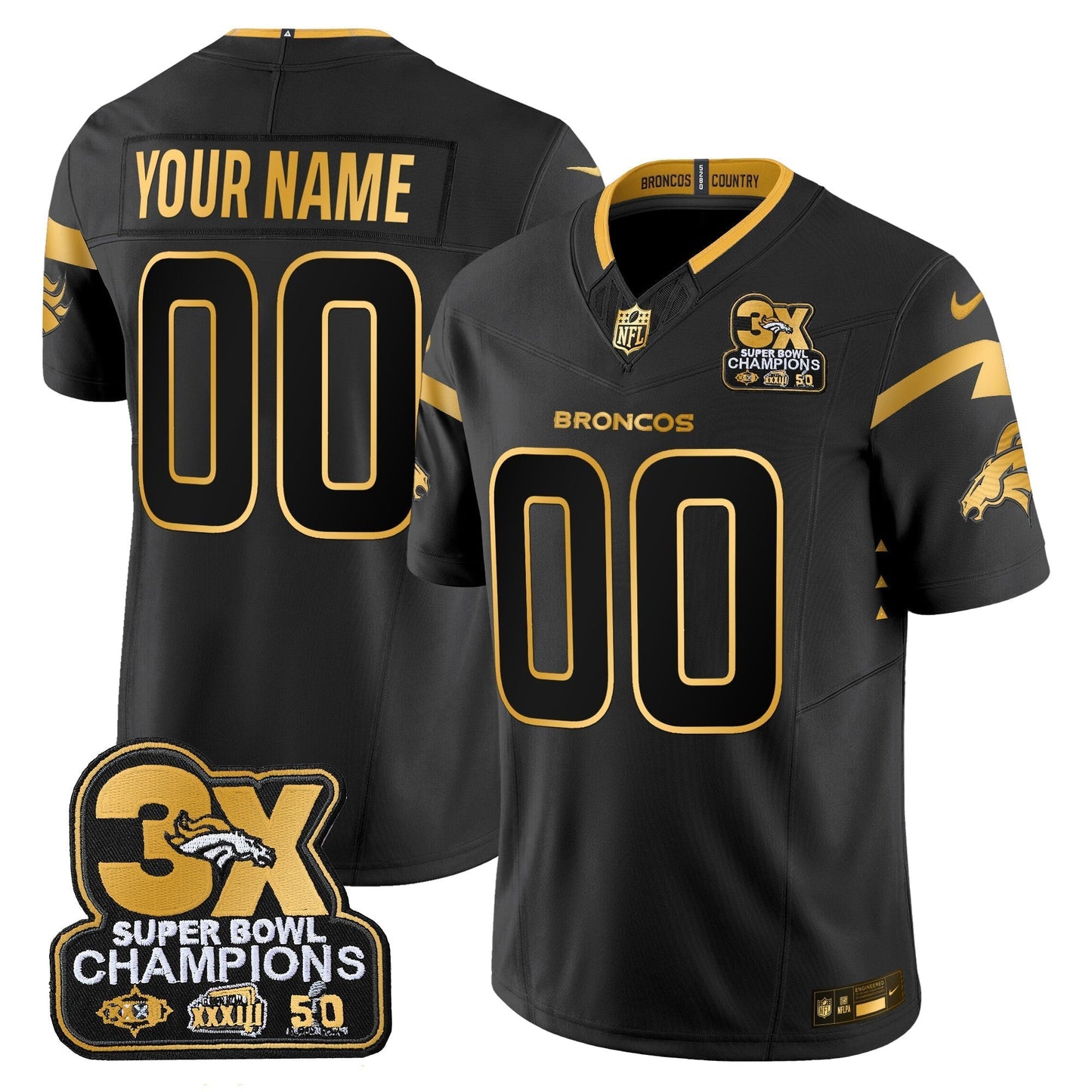 DEN 3-Time Champions Patch Gold Vapor Limited Custom Jersey - All Stitched-DTD