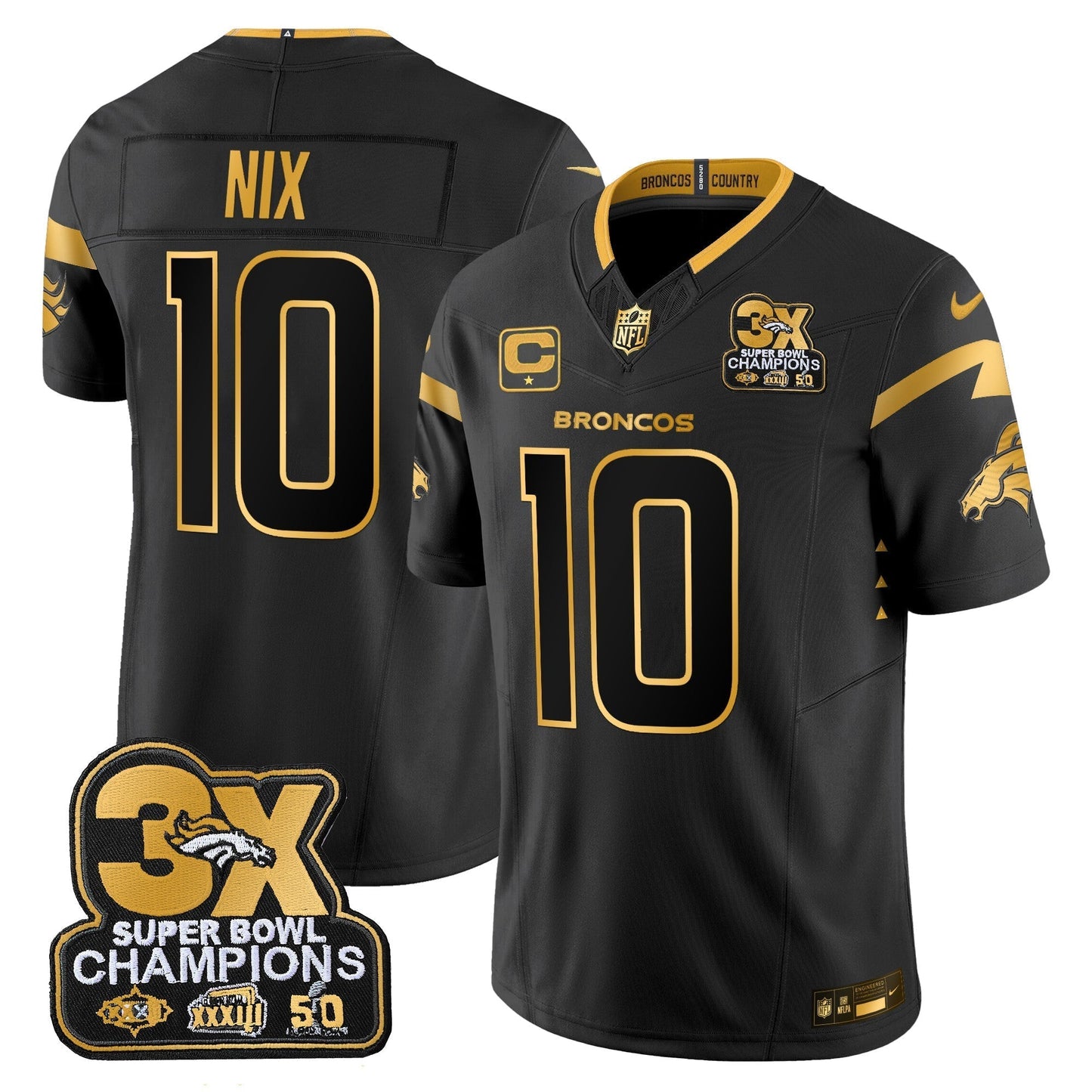 DEN 3-Time Champions Patch Gold Vapor Limited Jersey - All Stitched-DTD