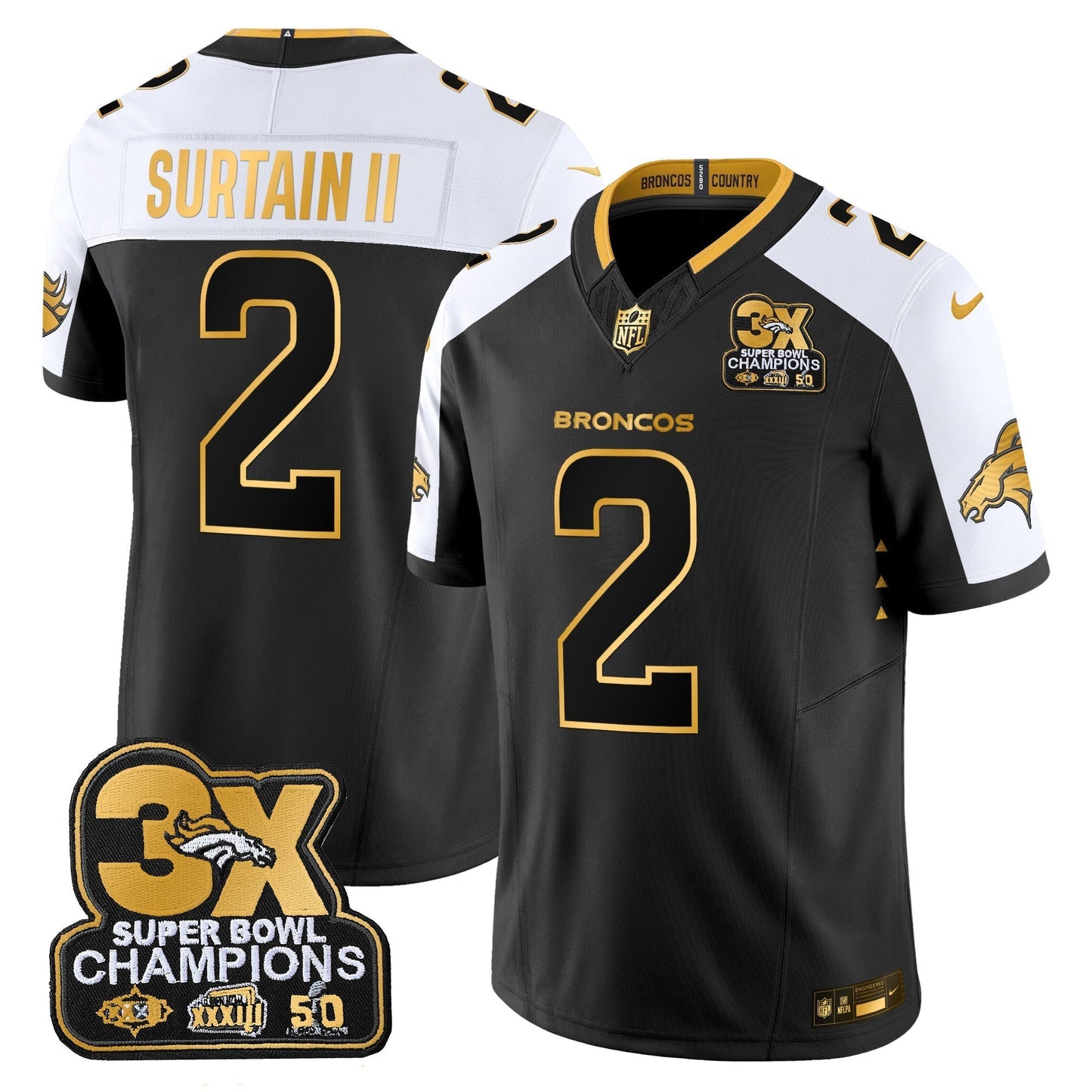 DEN 3-Time Champions Patch Gold Vapor Limited Jersey - All Stitched-DTD
