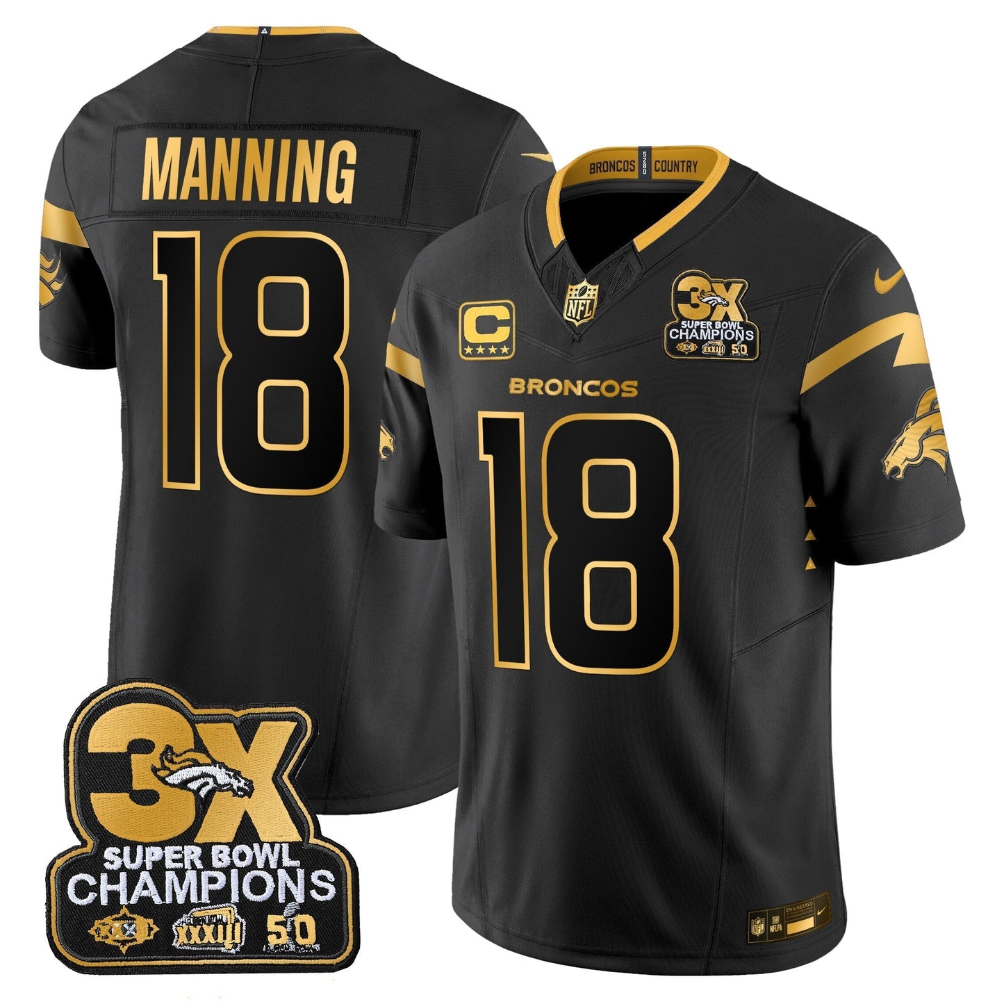 DEN 3-Time Champions Patch Gold Vapor Limited Jersey - All Stitched-DTD
