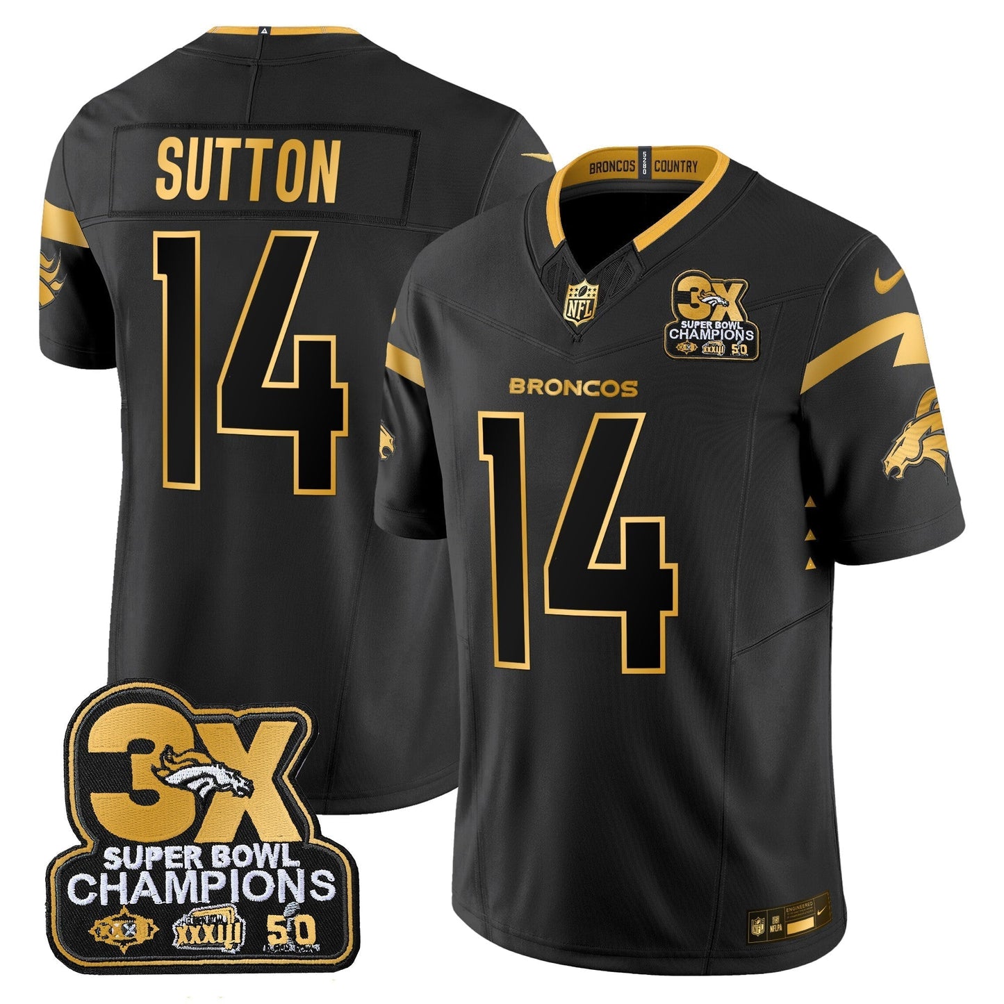 DEN 3-Time Champions Patch Gold Vapor Limited Jersey - All Stitched-DTD