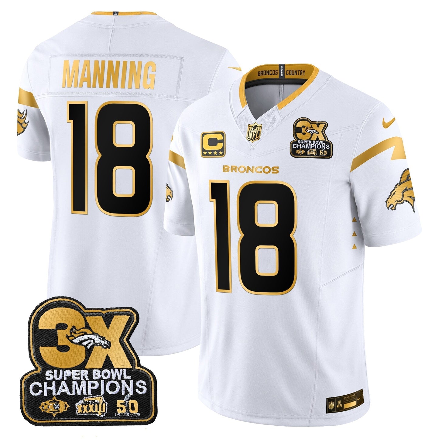 DEN 3-Time Champions Patch Gold Vapor Limited Jersey - All Stitched-DTD