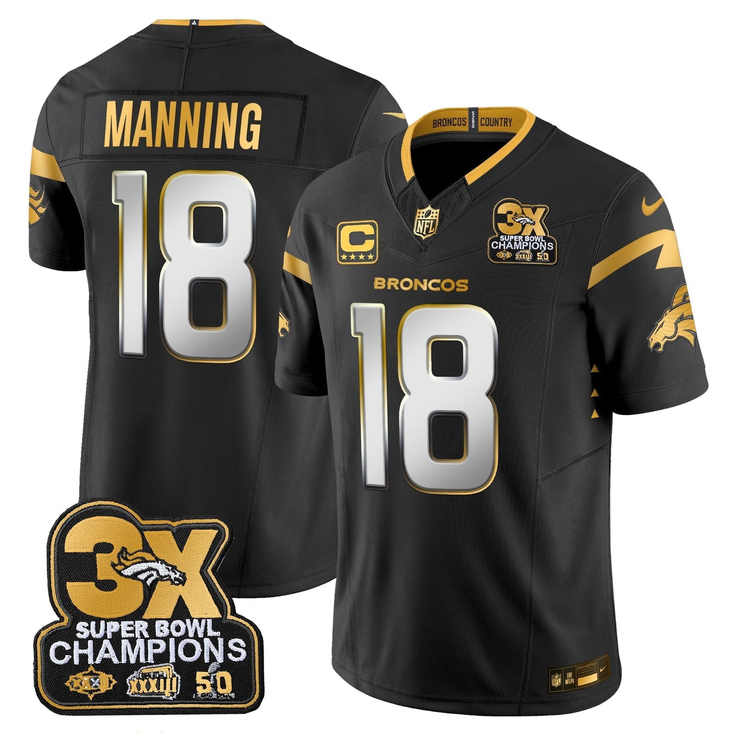 DEN 3-Time Champions Patch Gold Vapor Limited Jersey - All Stitched-DTD