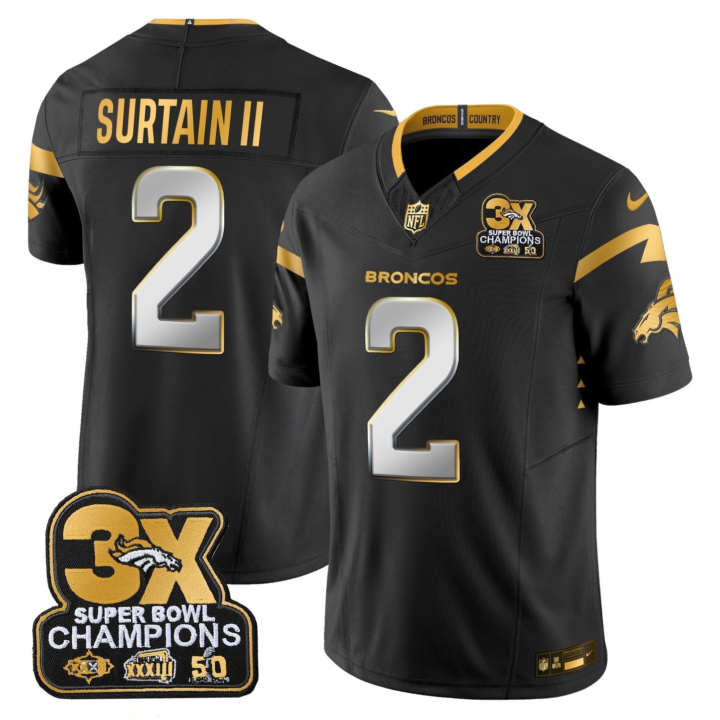 DEN 3-Time Champions Patch Gold Vapor Limited Jersey - All Stitched-DTD