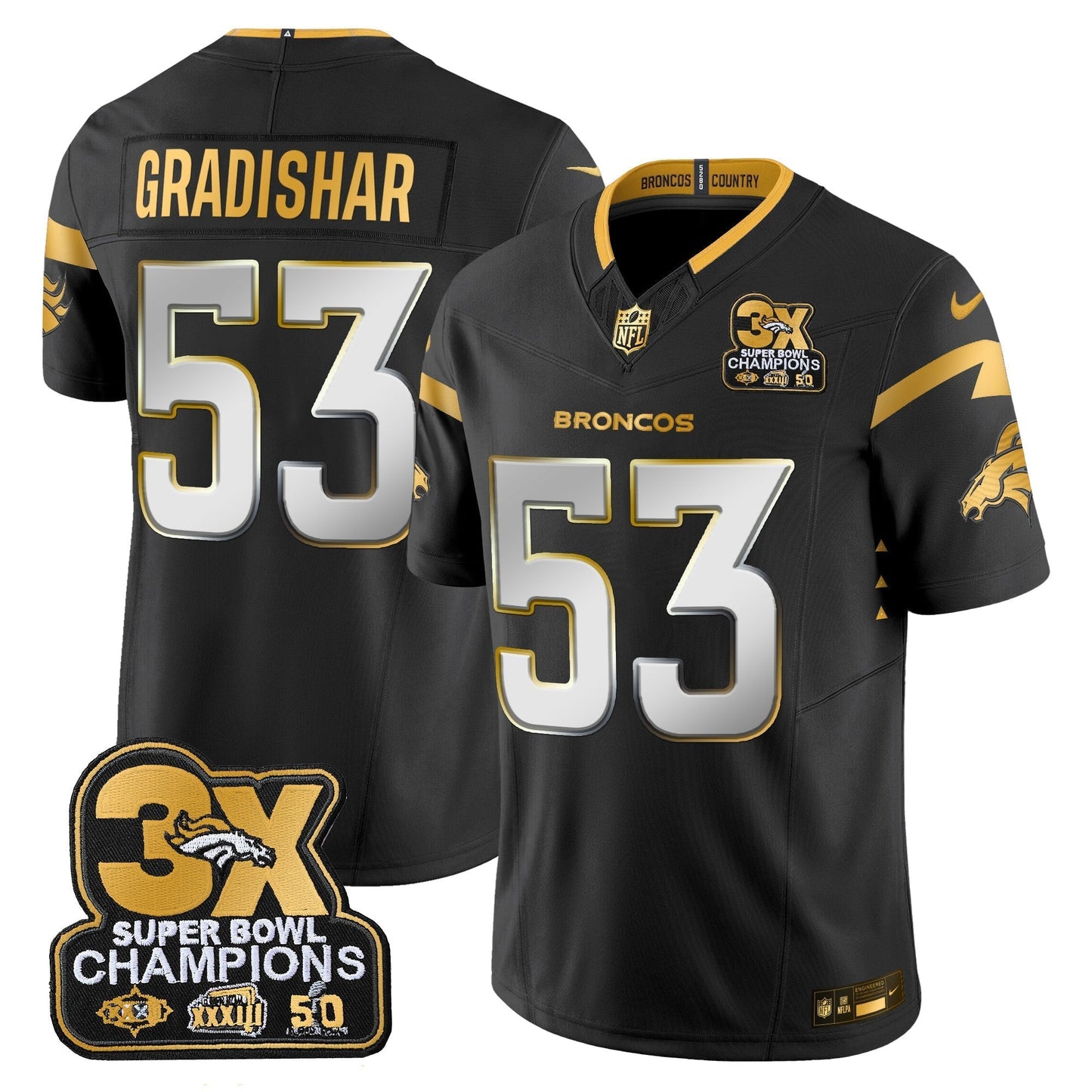 DEN 3-Time Champions Patch Gold Vapor Limited Jersey - All Stitched-DTD