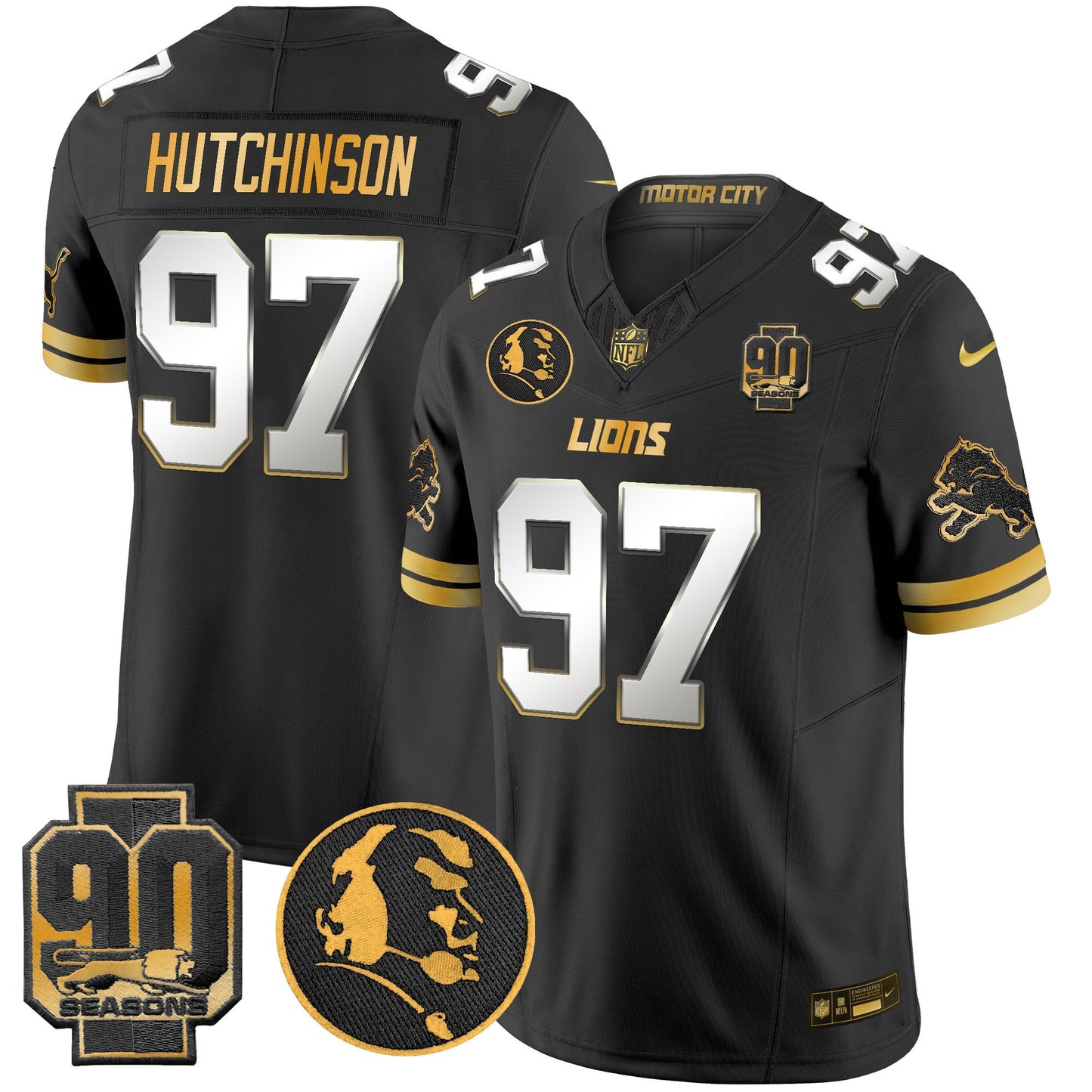 Men's Detroit Lions 2024 90th & John Madden Patch Gold Vapor Limited Jersey V2 - All Stitched