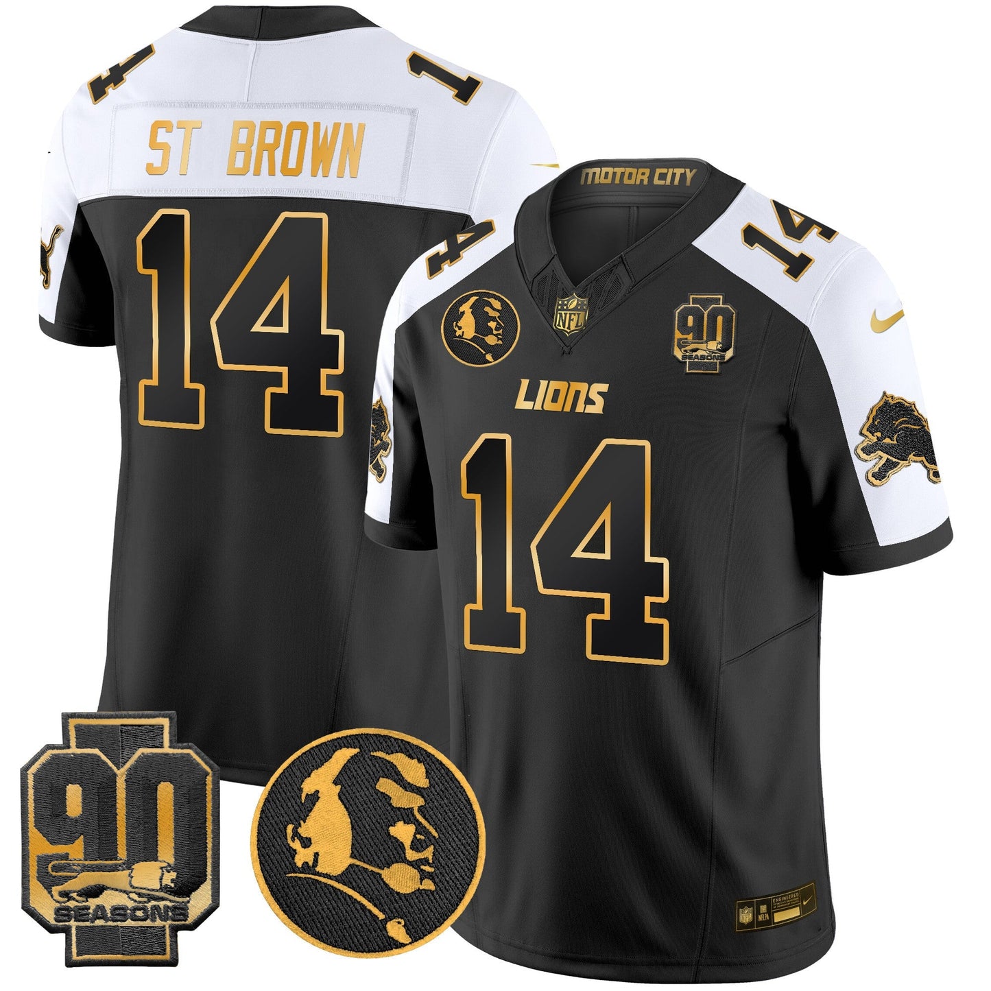 Men's Detroit Lions 2024 90th & John Madden Patch Gold Vapor Limited Jersey V2 - All Stitched