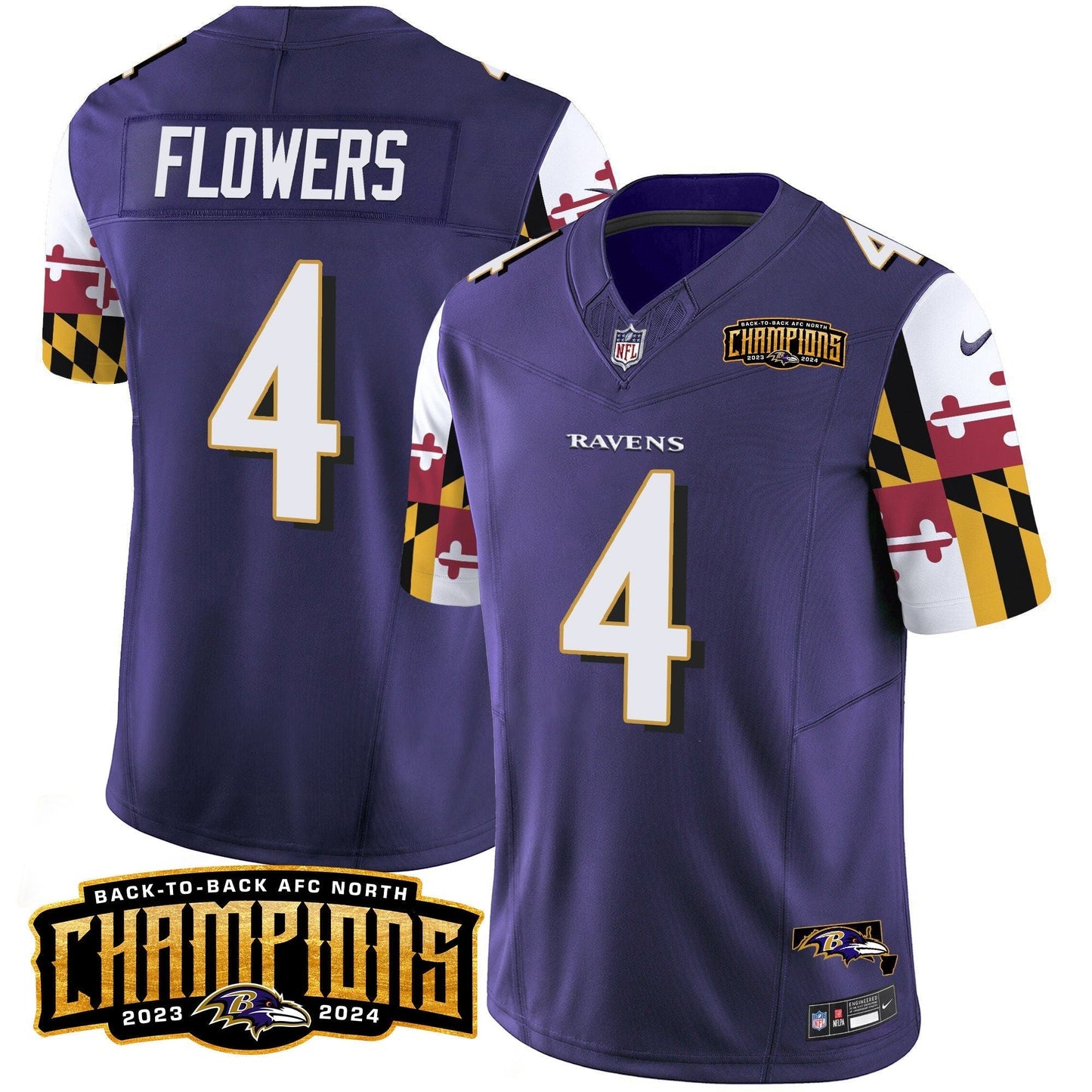 Ravens Maryland Flag Back To Back AFC North Champions Patch Vapor Limited Jersey - All Stitched-DTD