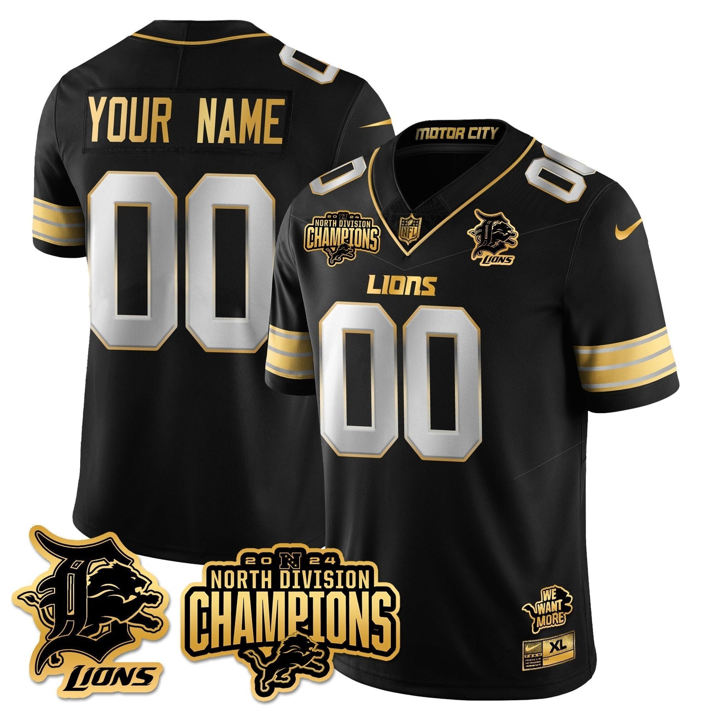 Custom Gender/Name DET 2024 NFC North Champions Gold Jersey N2 - All Stitched-DTD