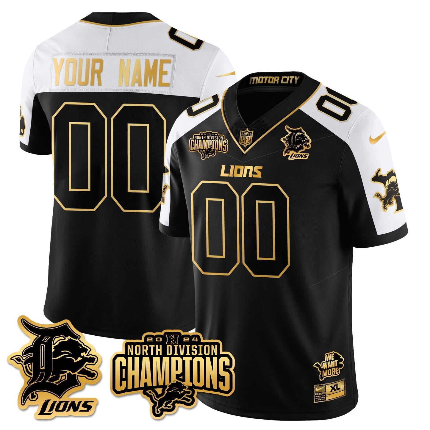 Custom Gender/Name DET 2024 NFC North Champions Gold Jersey N2 - All Stitched-DTD