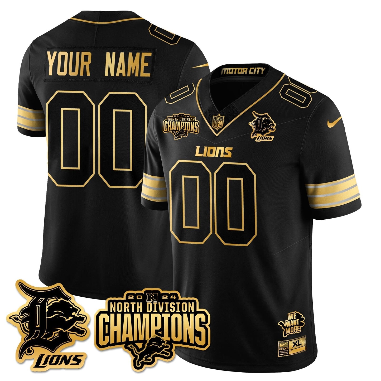Custom Gender/Name DET 2024 NFC North Champions Gold Jersey N2 - All Stitched-DTD