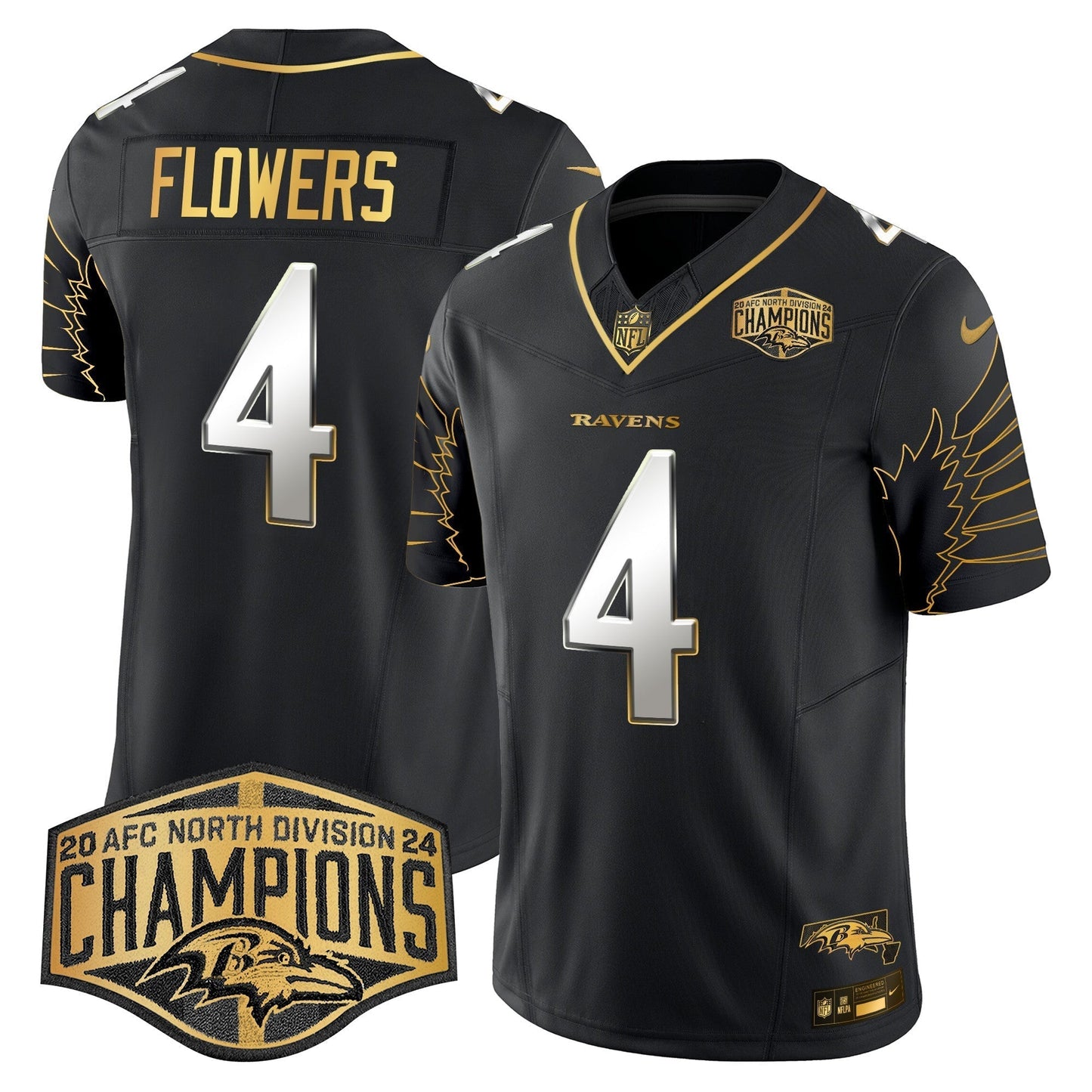 Ravens Maryland 2024 AFC North Division Champions Patch Gold Vapor Limited Jersey - All Stitched-DTD