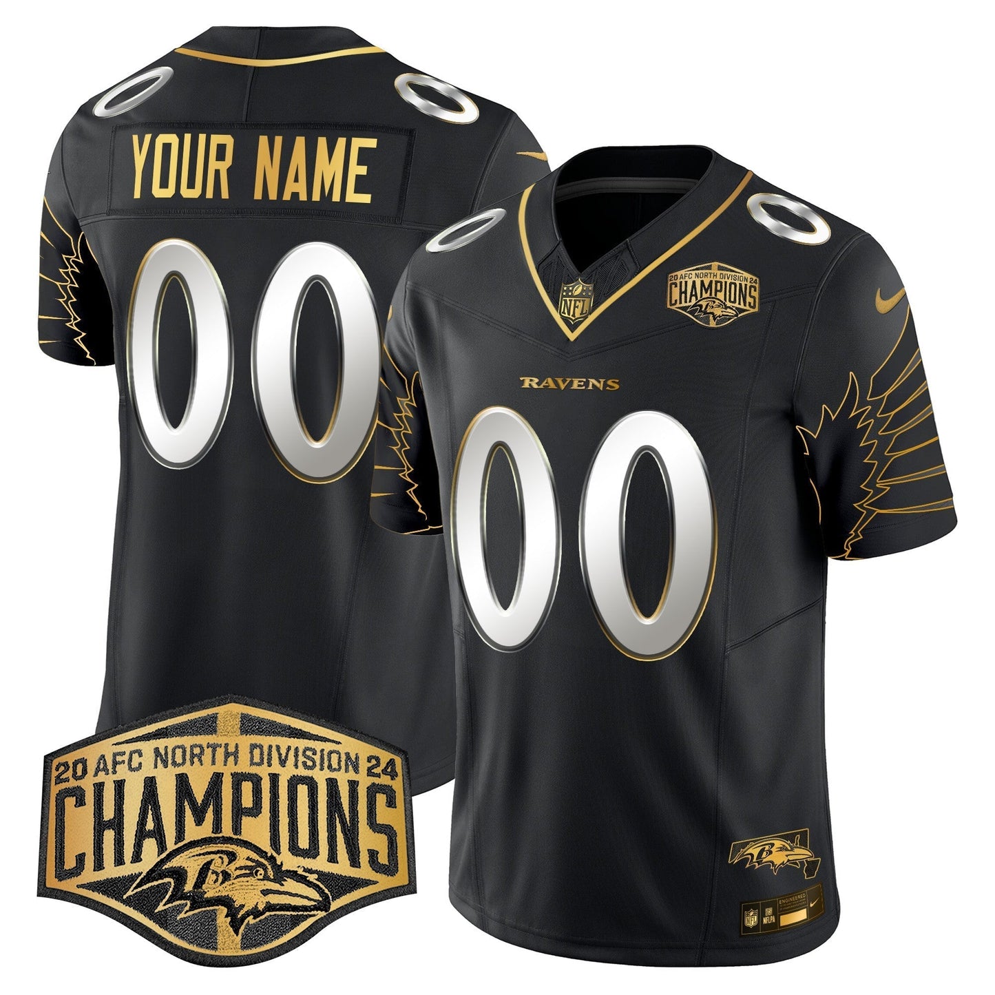 Ravens Maryland 2024 AFC North Division Champions Patch Gold Vapor Limited Custom Jersey - All Stitched-DTD