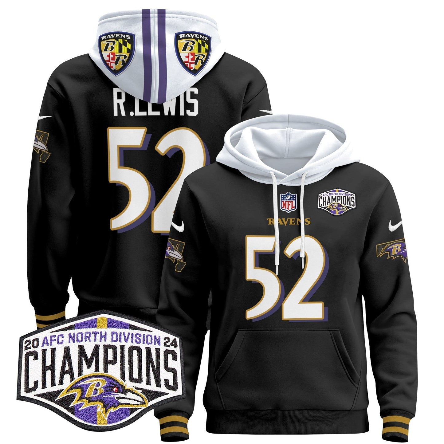 BAL 2024 AFC North Division Champions Patch Pullover Hoodie V2 - All Stitched-DTD