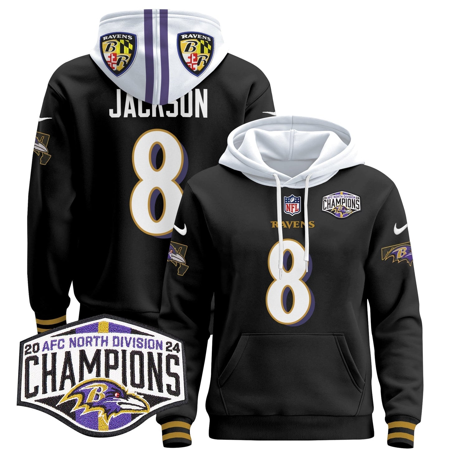 BAL 2024 AFC North Division Champions Patch Pullover Hoodie V2 - All Stitched-DTD
