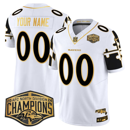 Ravens Maryland Flag Map 2024 AFC North Division Champions Patch Gold Vapor Limited Custom Jersey - All Stitched-DTD
