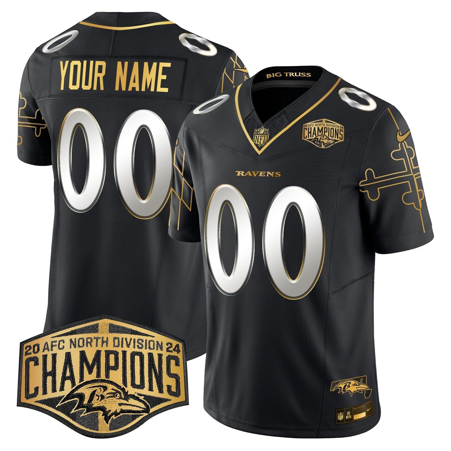 Ravens Maryland Flag Map 2024 AFC North Division Champions Patch Gold Vapor Limited Custom Jersey - All Stitched-DTD