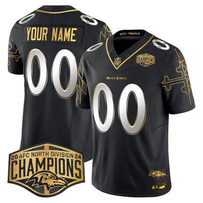 Ravens Maryland Flag Map 2024 AFC North Division Champions Patch Gold Vapor Limited Custom Jersey - All Stitched-DTD