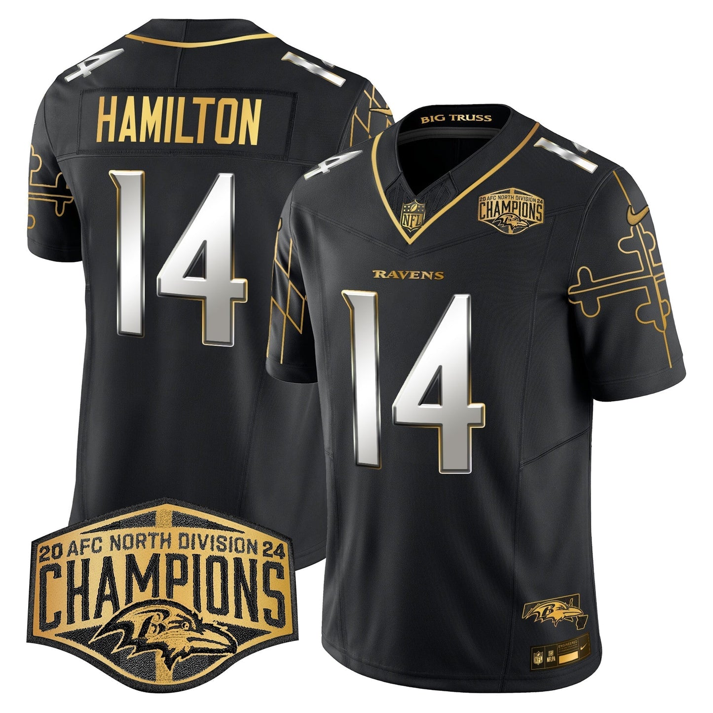 Ravens Maryland Flag Map 2024 AFC North Division Champions Patch Gold Vapor Limited Jersey - All Stitched-DTD