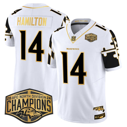 Ravens Maryland Flag Map 2024 AFC North Division Champions Patch Gold Vapor Limited Jersey - All Stitched-DTD