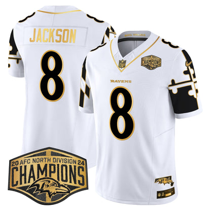 Ravens Maryland Flag Map 2024 AFC North Division Champions Patch Gold Vapor Limited Jersey - All Stitched-DTD