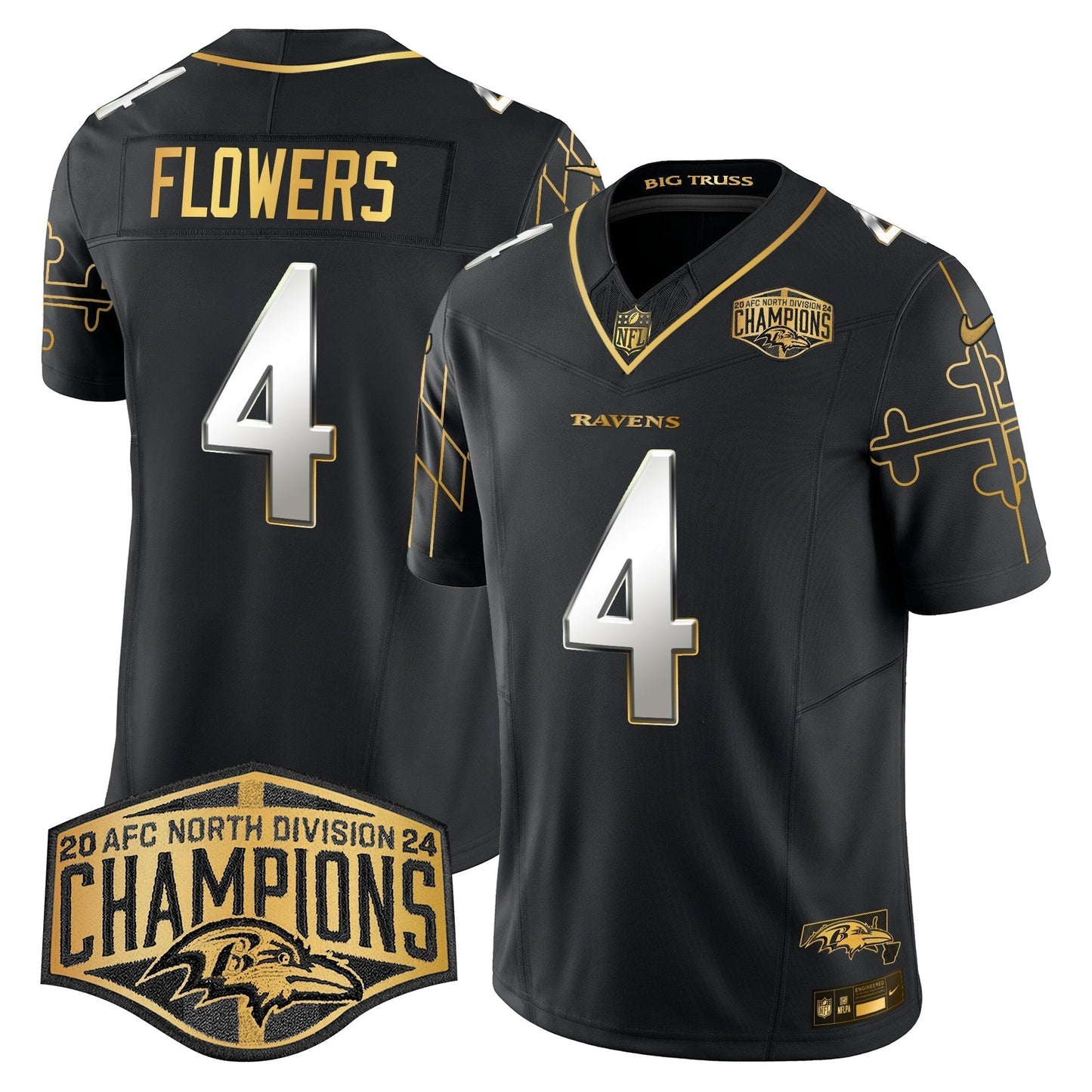 Ravens Maryland Flag Map 2024 AFC North Division Champions Patch Gold Vapor Limited Jersey - All Stitched-DTD