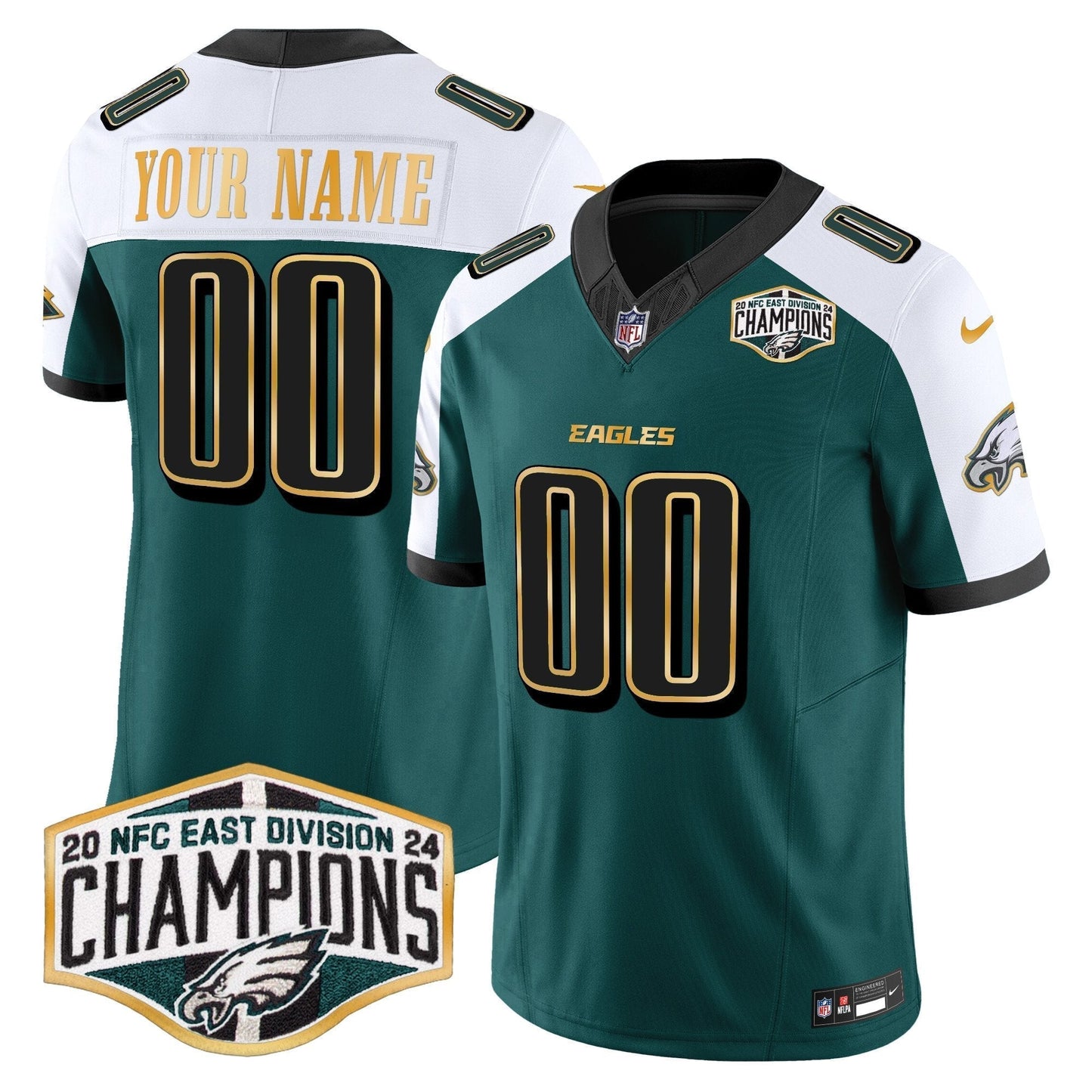 Eagles 2024 NFC East Division Champions Gold Trim Vapor Limited Custom Jersey - All Stitched-DTD