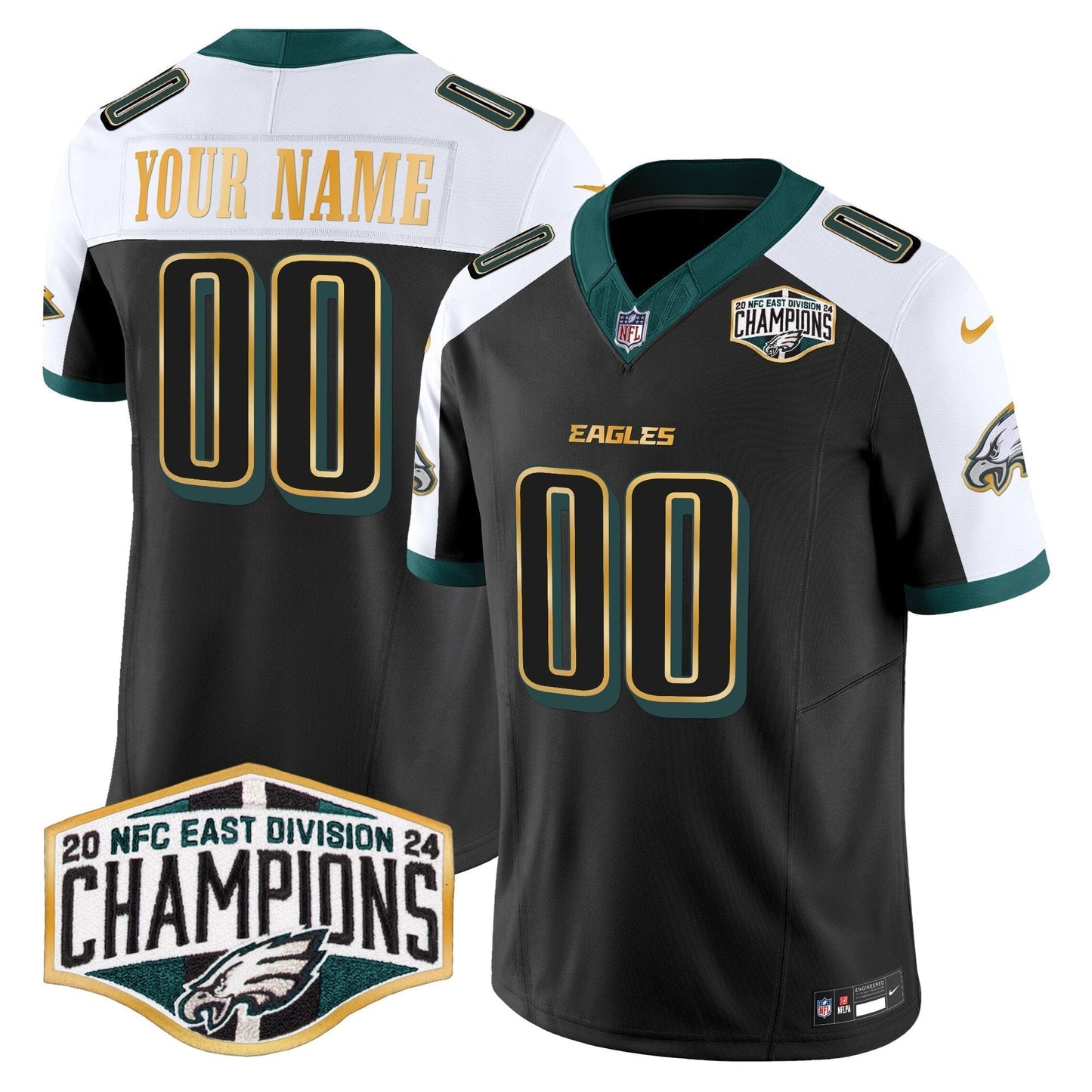 Eagles 2024 NFC East Division Champions Gold Trim Vapor Limited Custom Jersey - All Stitched-DTD