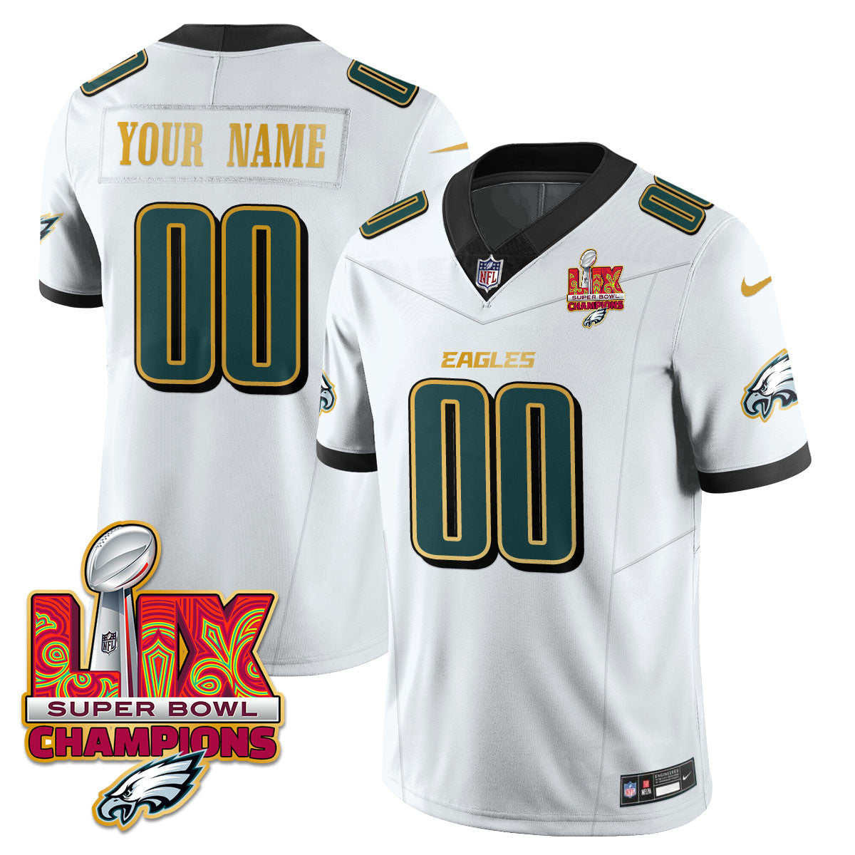 Custom Name/Gender PHI Super Bowl LIX Champions Gold Trim Vapor Limited Jersey - All Stitched-DTD