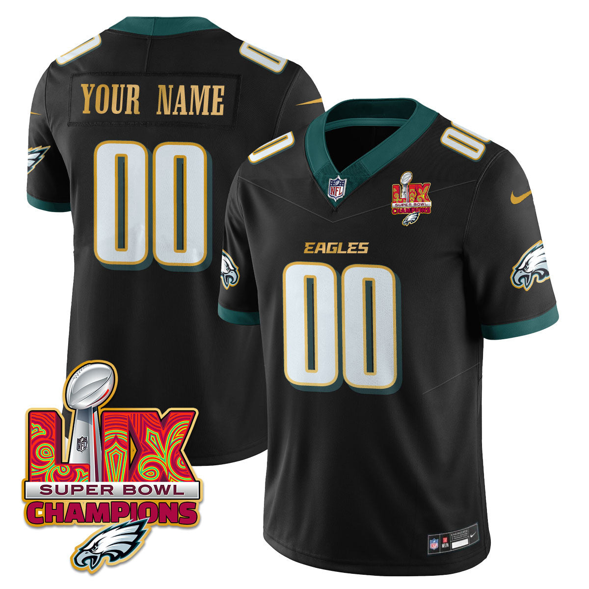 Custom Name/Gender PHI Super Bowl LIX Champions Gold Trim Vapor Limited Jersey - All Stitched-DTD