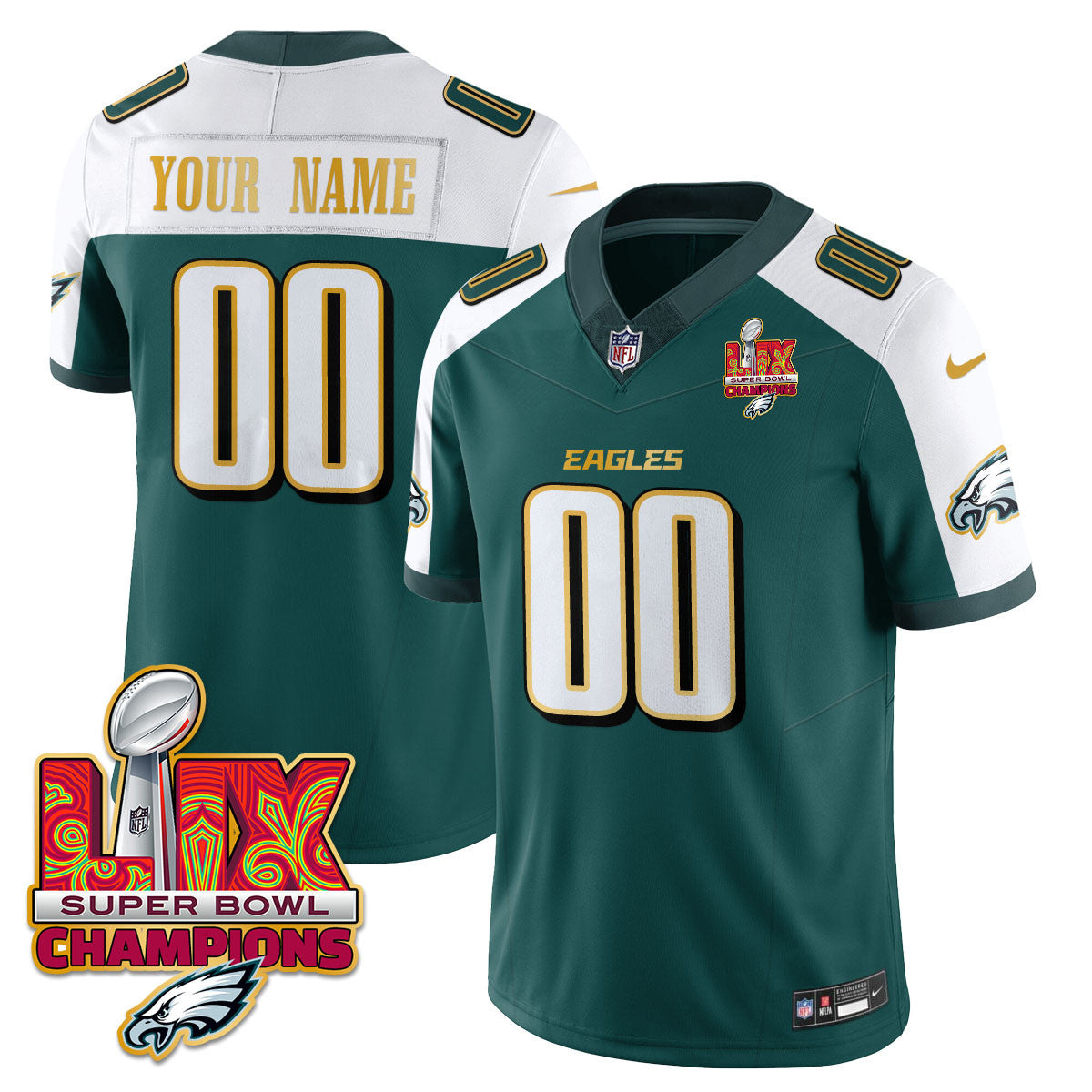 Custom Name/Gender PHI Super Bowl LIX Champions Gold Trim Vapor Limited Jersey - All Stitched-DTD