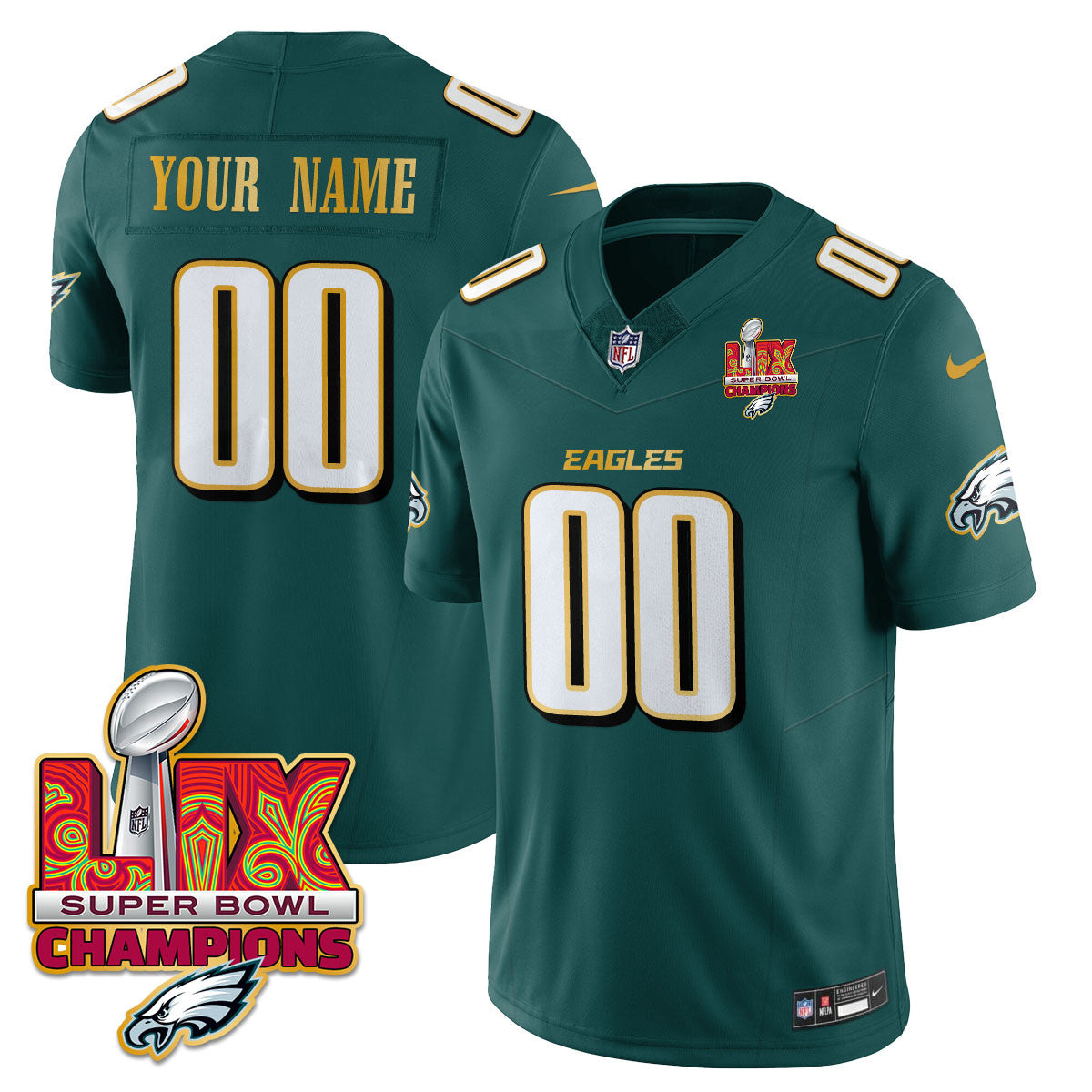 Custom Name/Gender PHI Super Bowl LIX Champions Gold Trim Vapor Limited Jersey - All Stitched-DTD