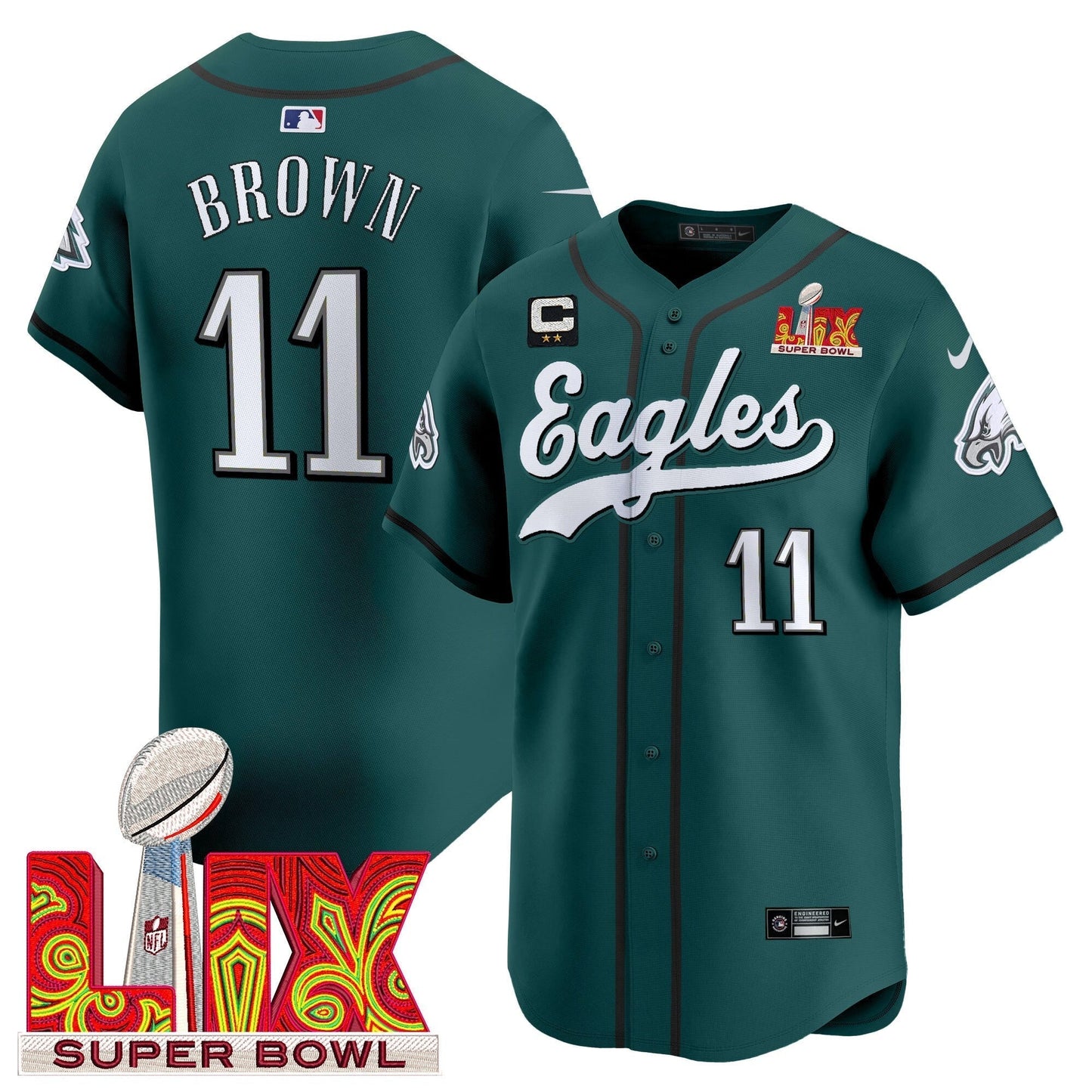 PHI Midnight Green Super Bowl LIX Vapor Baseball Jersey - All Stitched-DTD