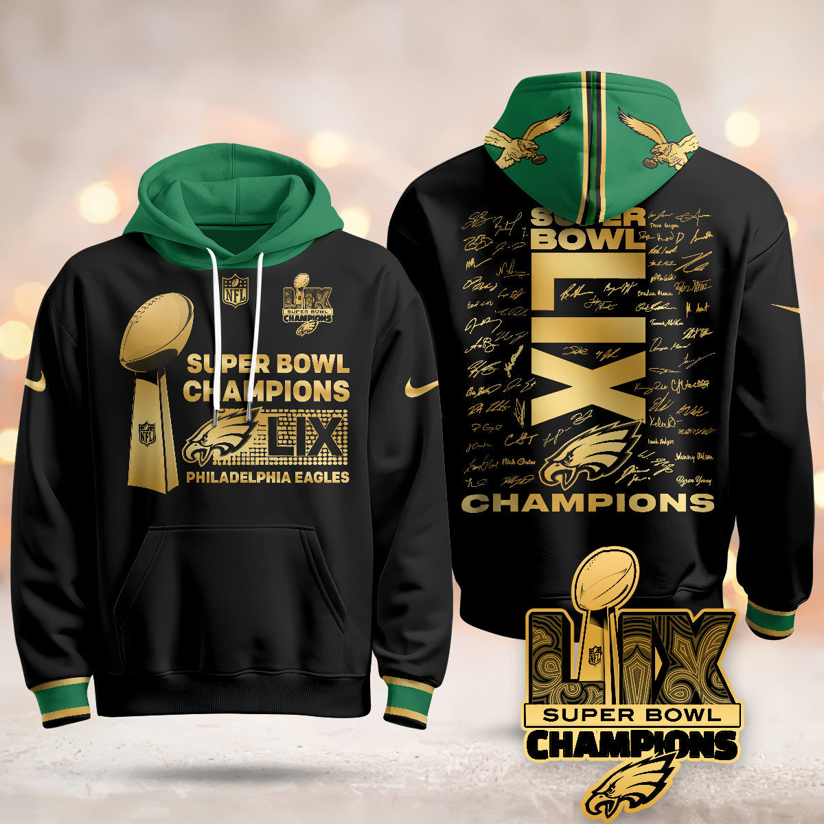 PHI Super Bowl LIX Champions Roster Signing Gold Hoodie - Printed-DTD