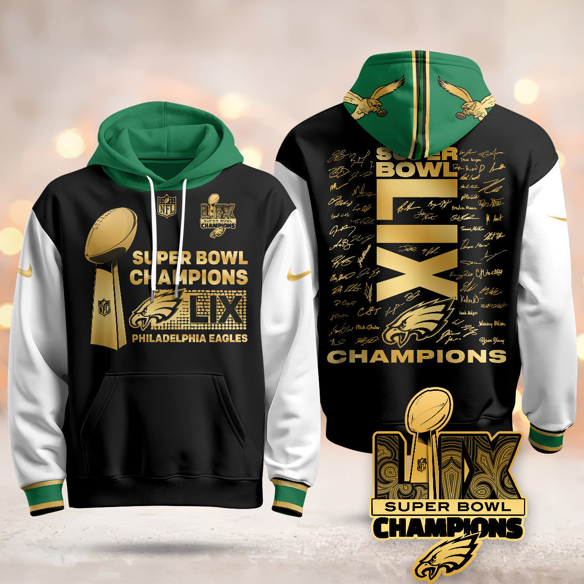 PHI Super Bowl LIX Champions Roster Signing Gold Hoodie - Printed-DTD