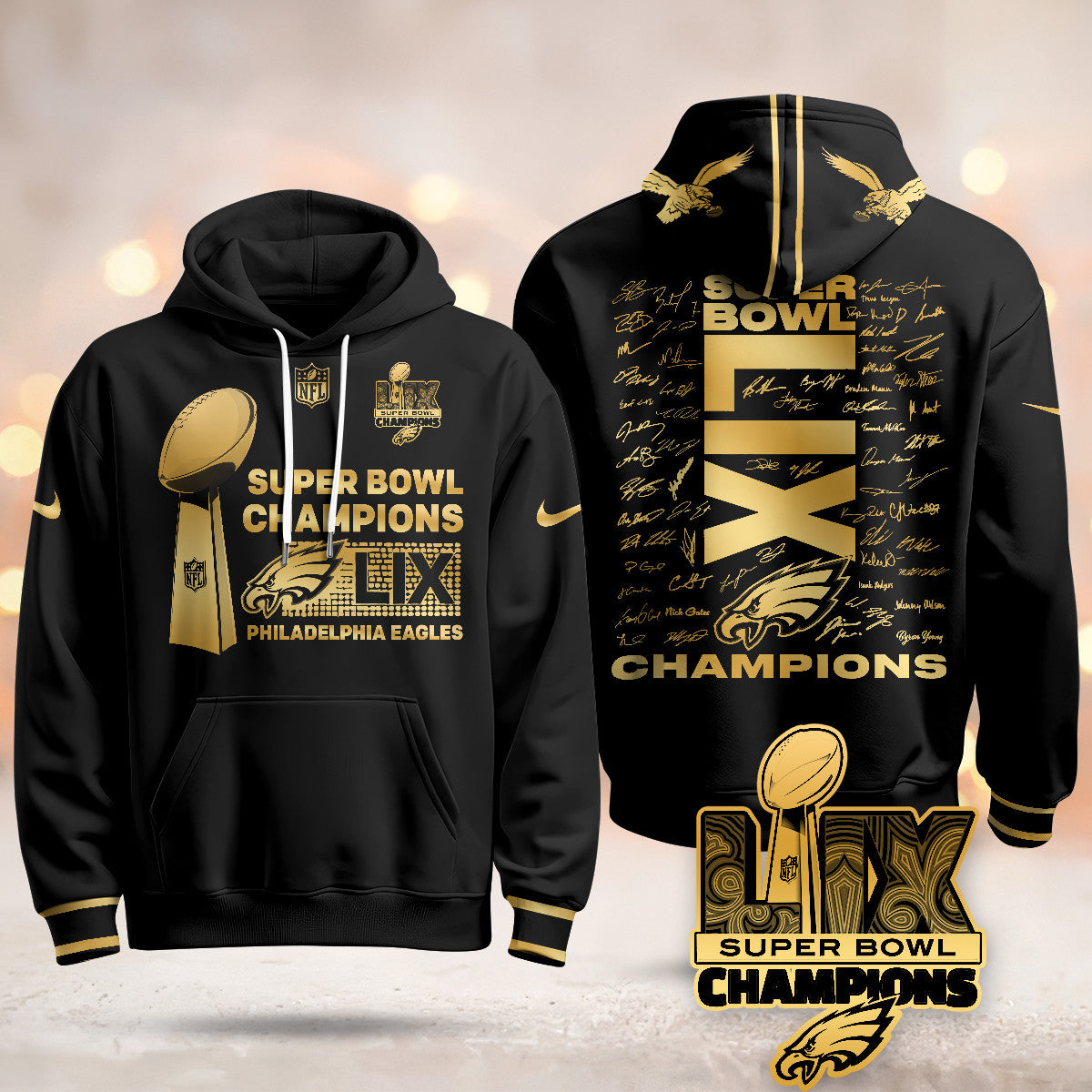 PHI Super Bowl LIX Champions Roster Signing Gold Hoodie - Printed-DTD