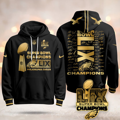 PHI Super Bowl LIX Champions Roster Signing Gold Hoodie - Printed-DTD