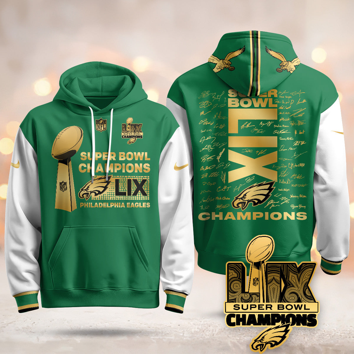 PHI Super Bowl LIX Champions Roster Signing Gold Hoodie - Printed-DTD