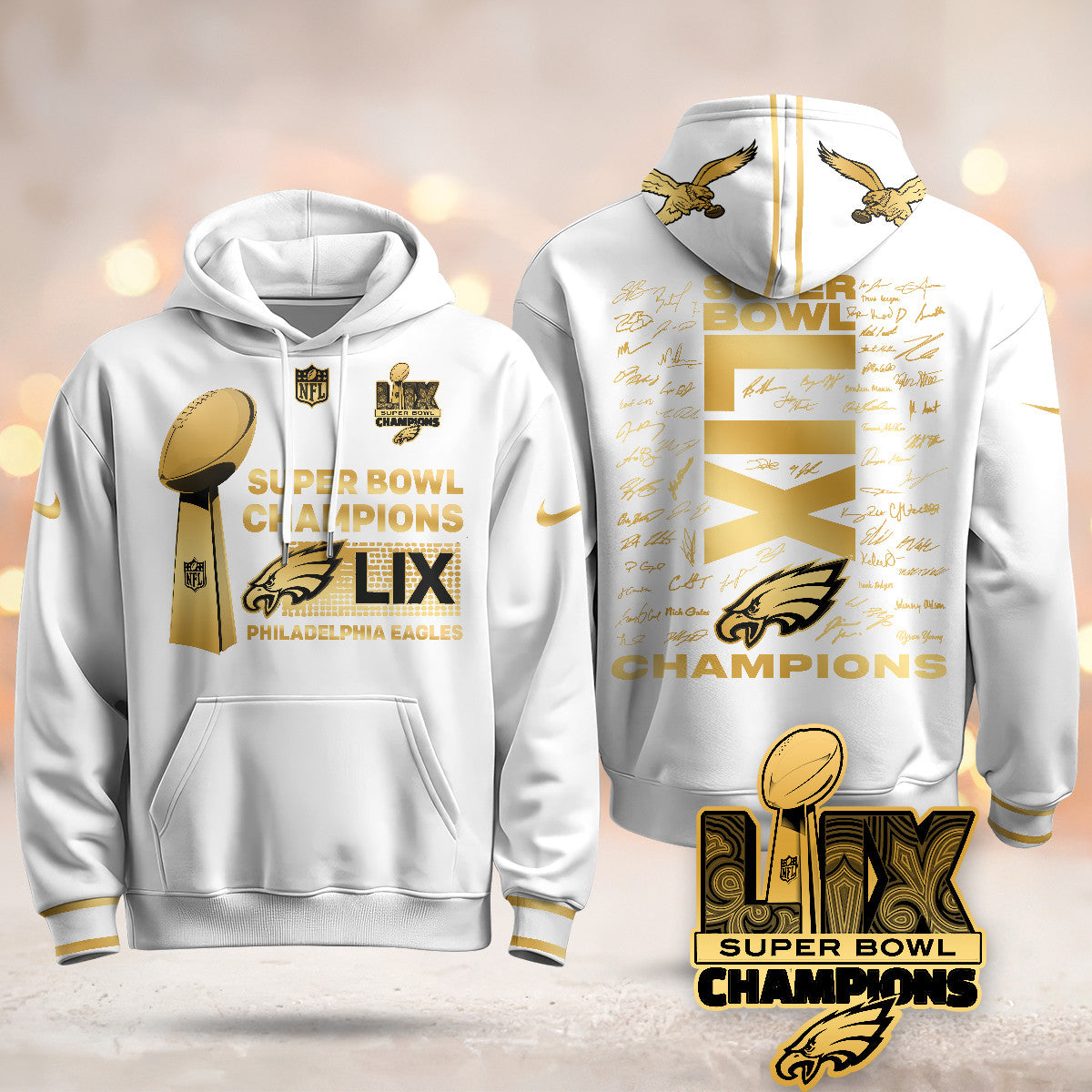 PHI Super Bowl LIX Champions Roster Signing Gold Hoodie - Printed-DTD