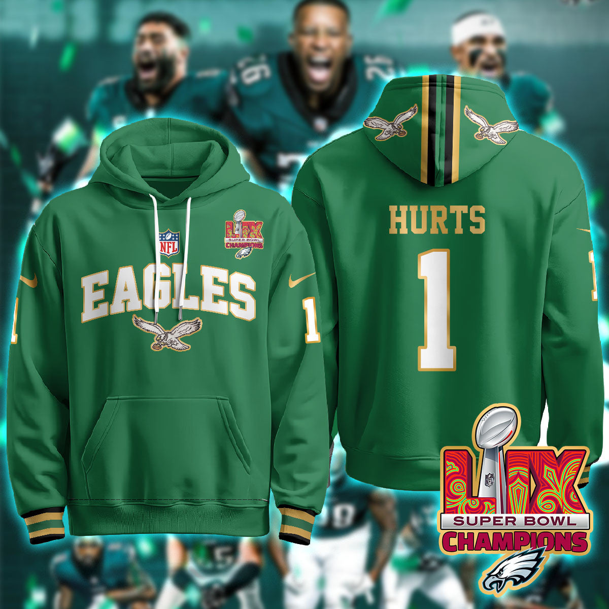 PHI Super Bowl LIX Champions Gold Hoodie N2R - All Stitched-DTD