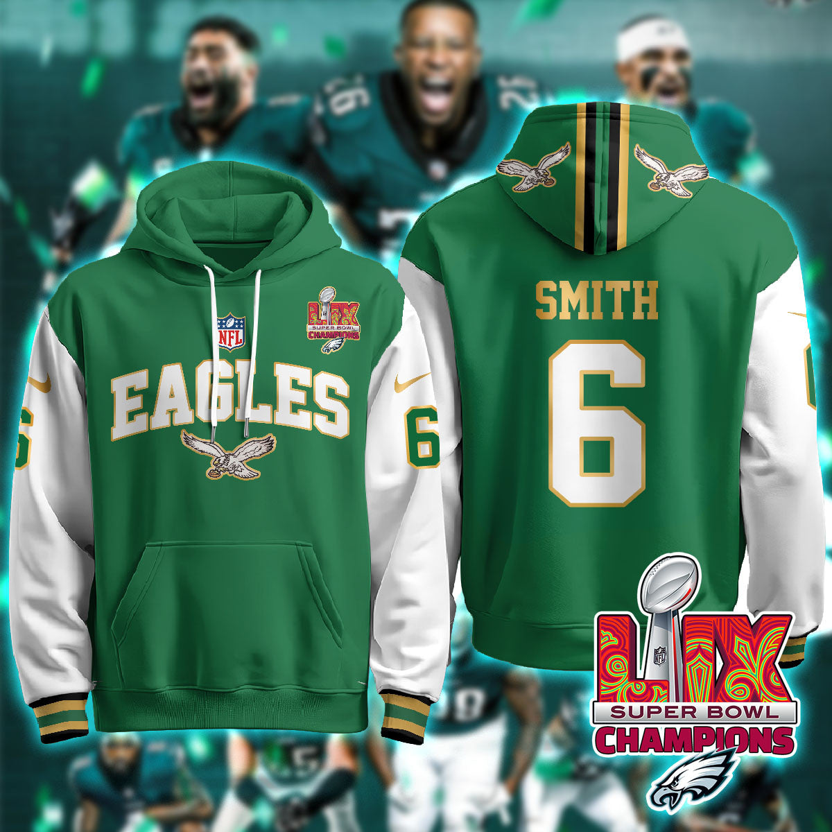 PHI Super Bowl LIX Champions Gold Hoodie N2R - All Stitched-DTD