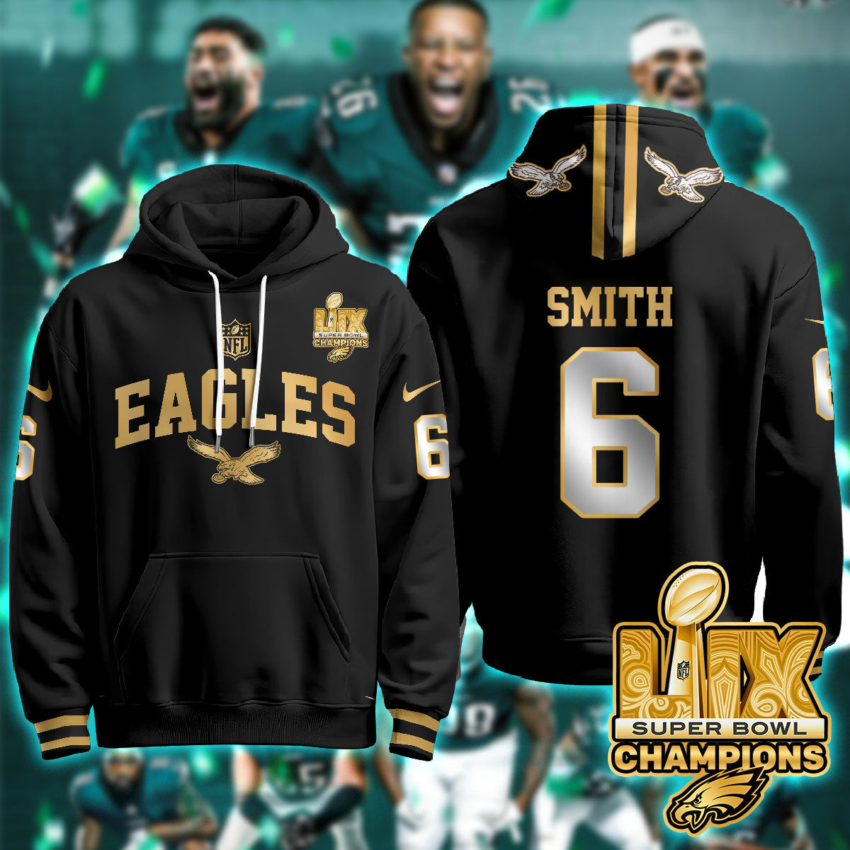 PHI Super Bowl LIX Champions Gold Hoodie N2R - All Stitched-DTD