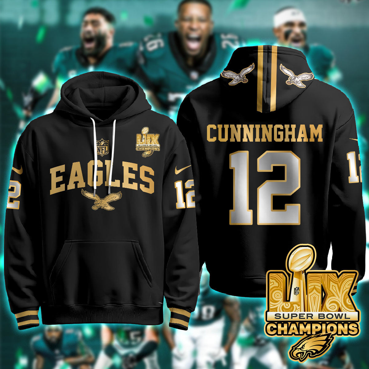 PHI Super Bowl LIX Champions Gold Hoodie N2R - All Stitched-DTD