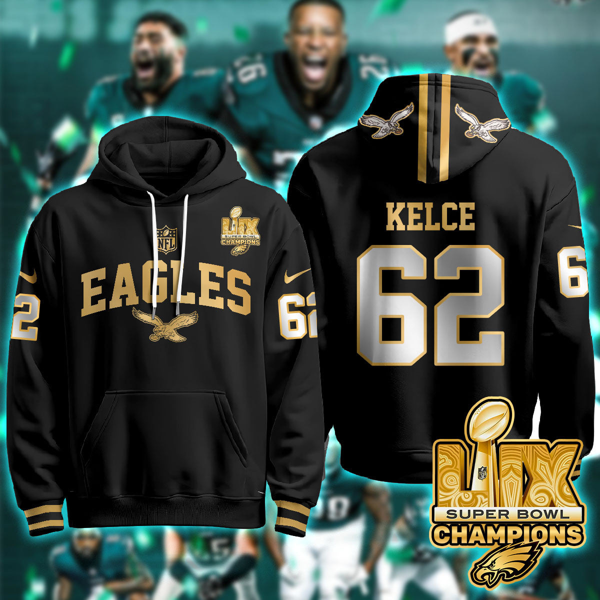PHI Super Bowl LIX Champions Gold Hoodie N2R - All Stitched-DTD