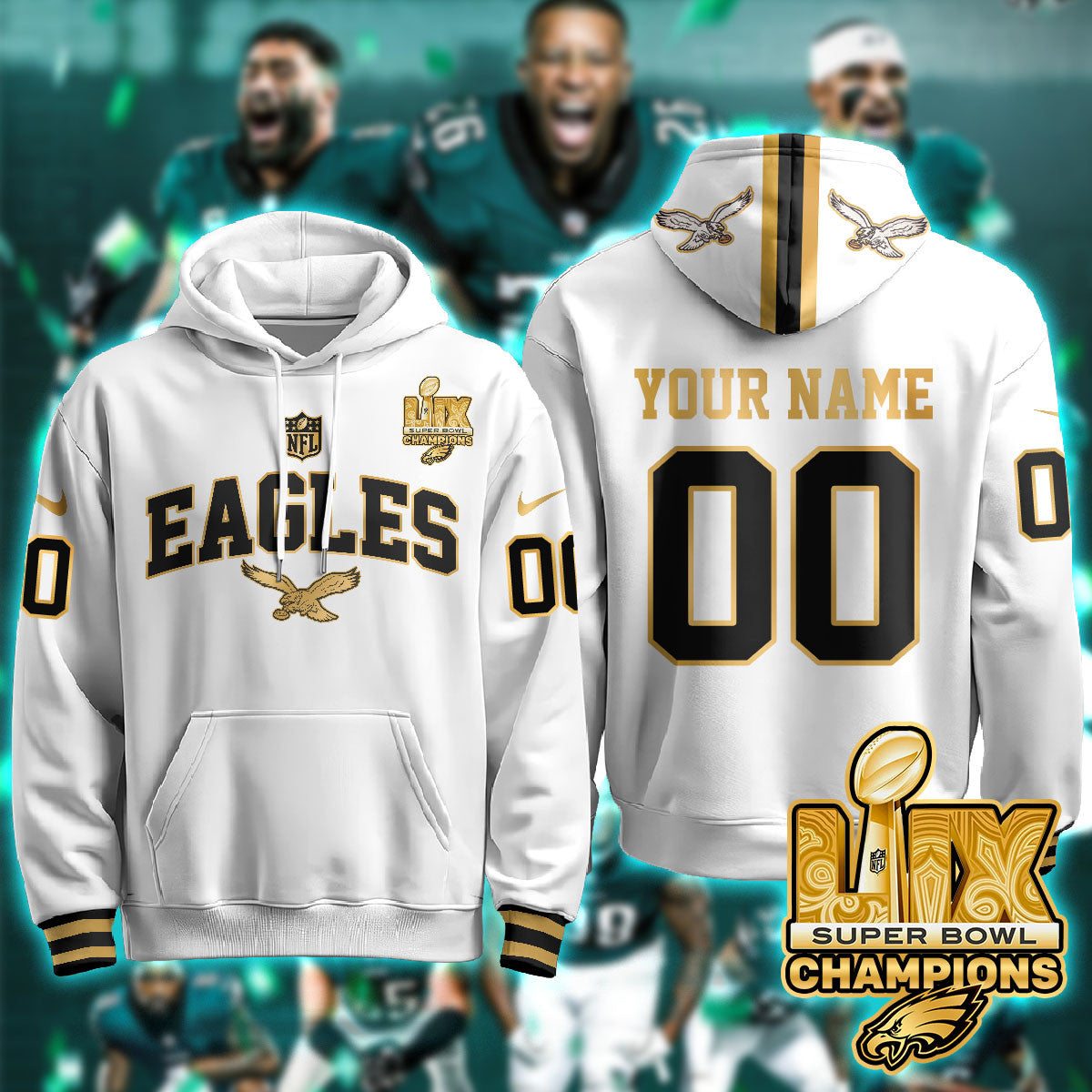 PHI Super Bowl LIX Champions Gold Hoodie N2r-DTD